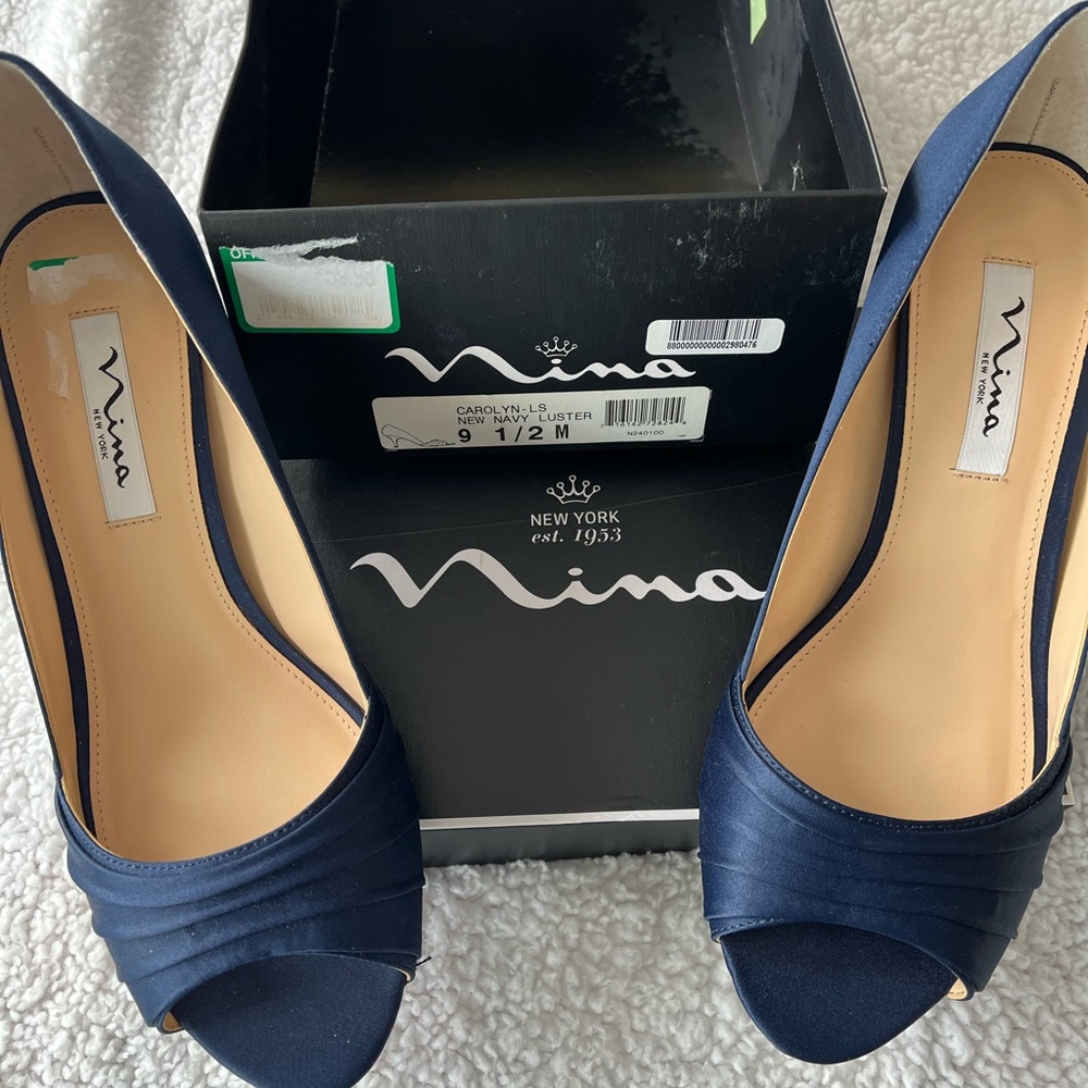 Nina Navy Satin Peep-Toe Heels